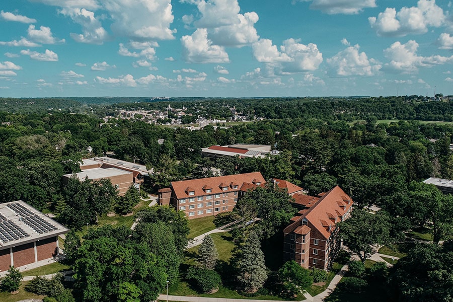 an aerial view of Brandt Hall on the Luther College campus