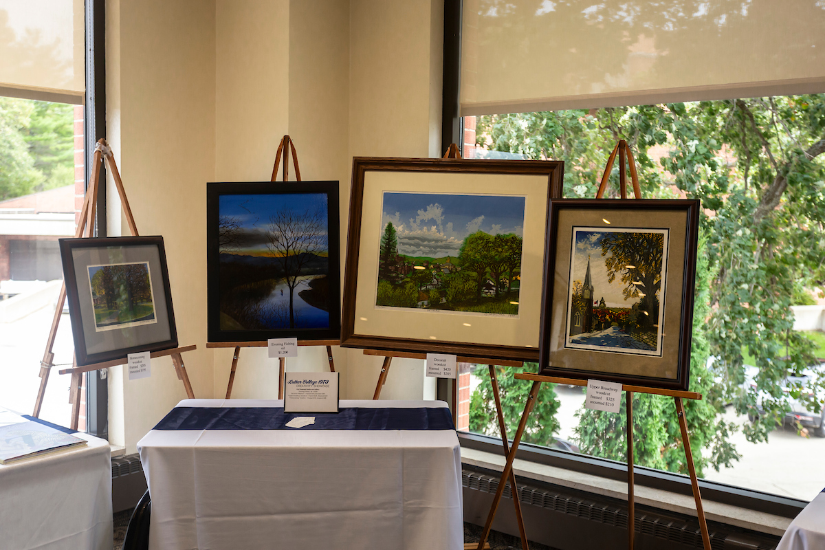 An example of the creative showcase display from the class of 1973, with artworks by Carl Homstad.