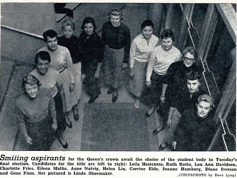 A newspaper clipping of a bird's-eye view of students arranged in a horseshoe shape