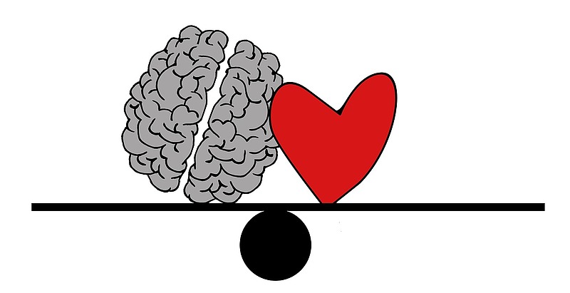 drawing of a brain and heart balanced on a scale